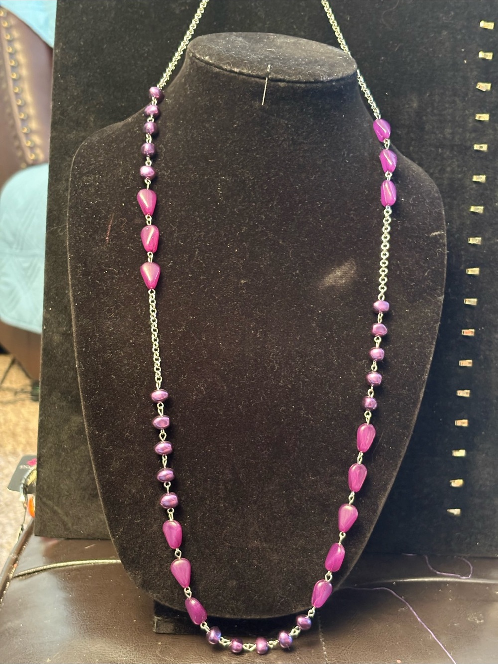 Long Purple Bead Necklace with Silver-Tone Chain - Women's Jewelry